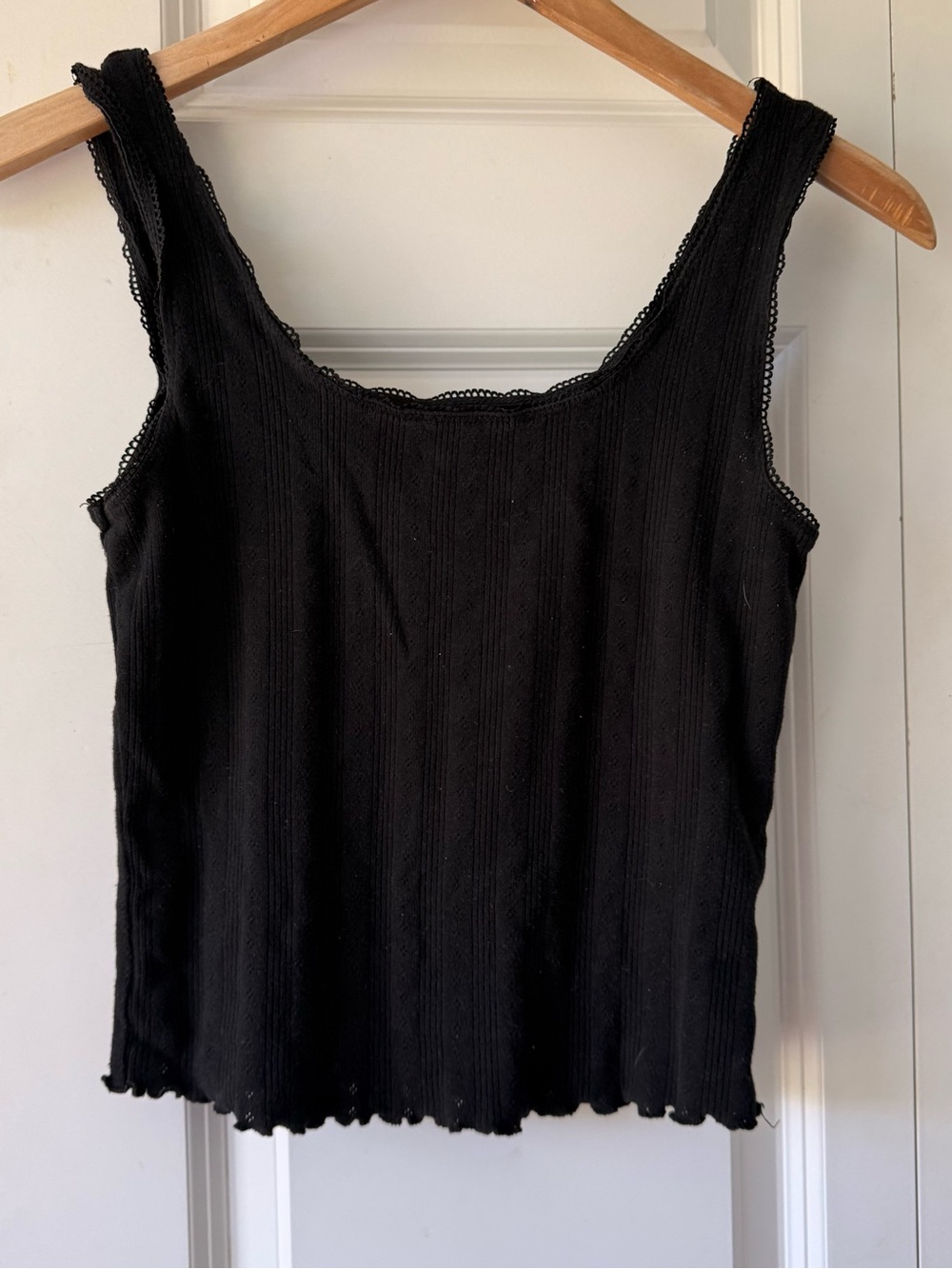 Black Ribbed Lace-Edged Tank Top - Women's